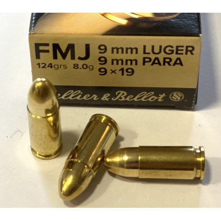 Munitions Sellier & Bellot FMJ calibre 9x19 mm 124grs boîte de 50